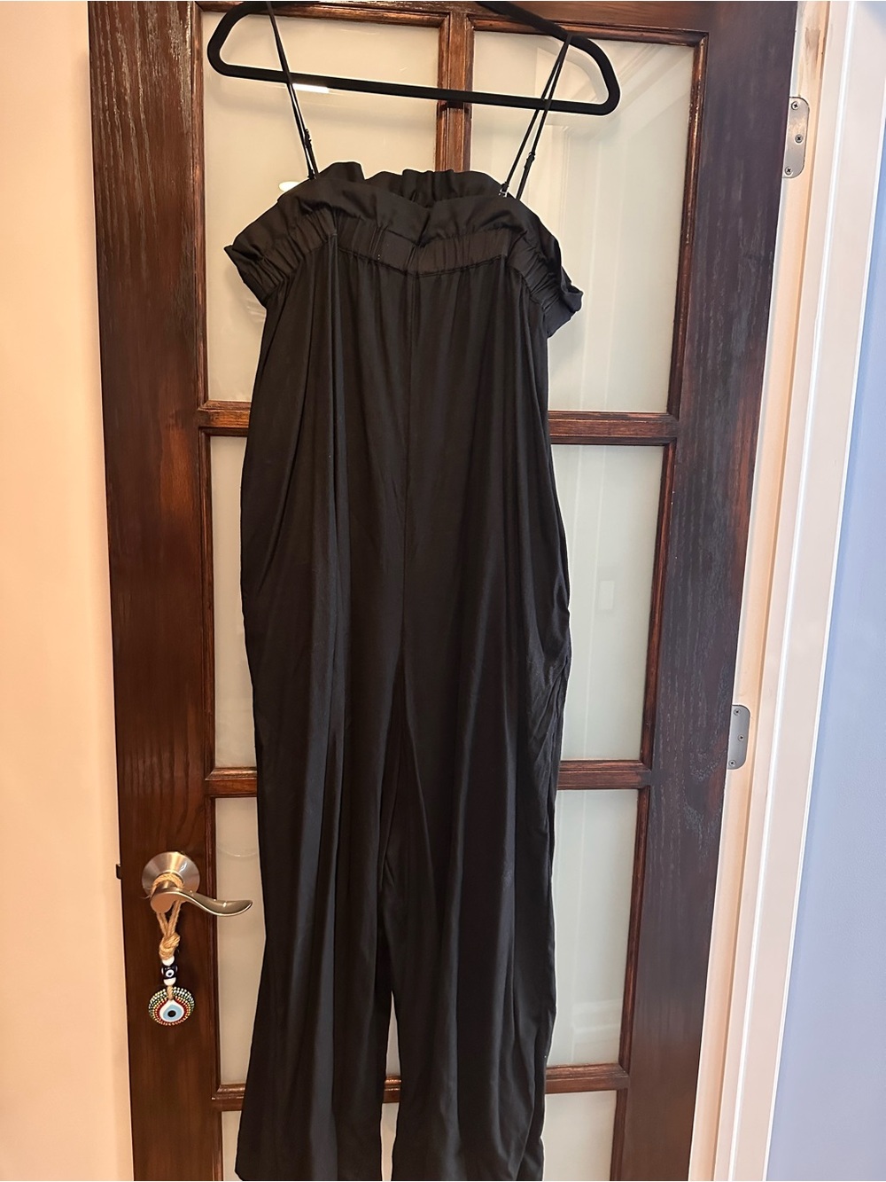 Black Spaghetti strap ( removable) Wide-Leg Jumpsuit with pockets.